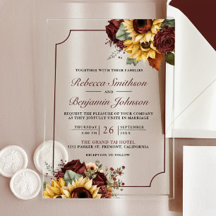 Invitations En Acrylique Roses de Bourgogne Tournesols Mariage