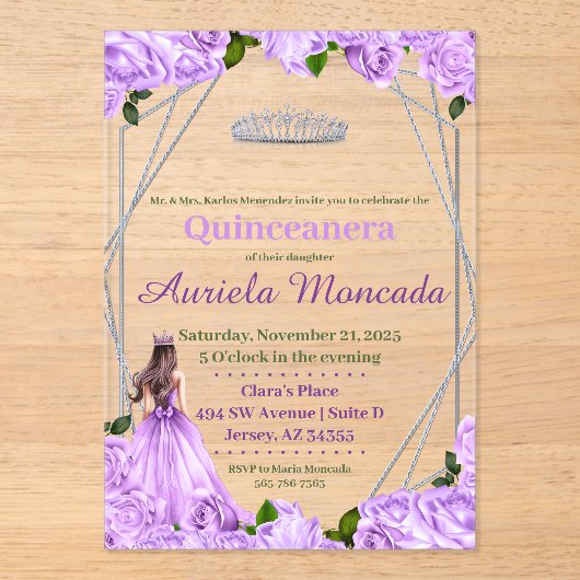 Invitations En Acrylique Roses de lavande Quinceanera (Recto)