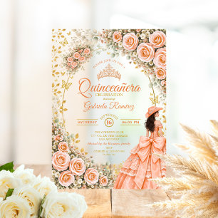 Invitations En Acrylique Roses Fleur de Pêche Dorées Quinceañera Occidental