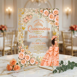 Invitations En Acrylique Roses Fleuris Papillon Doré Quinceañera Pêche