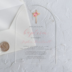 Invitations En Acrylique Roses Fleurs Roses Or Croix Script Fille Baptême