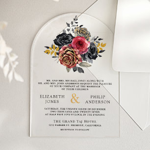 Invitations En Acrylique Roses Florales de Bourgogne Mariage Noir