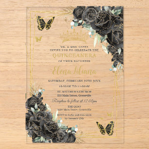 Invitations En Acrylique Roses Florales Noires Papillons Dorés Quinceanera