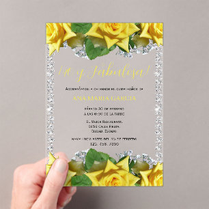 Invitations En Acrylique Roses jaunes et diamants 40e anniversaire espagnol