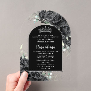 Invitations En Acrylique Roses Noires Floral Quinceañera Douce 16