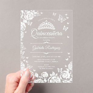 Invitations En Acrylique Roses Papillons Blancs de Quinceanera