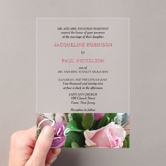 Invitations En Acrylique Roses rose clair Love Mariée et Groom Clair (In situ (ordinateur de poche))