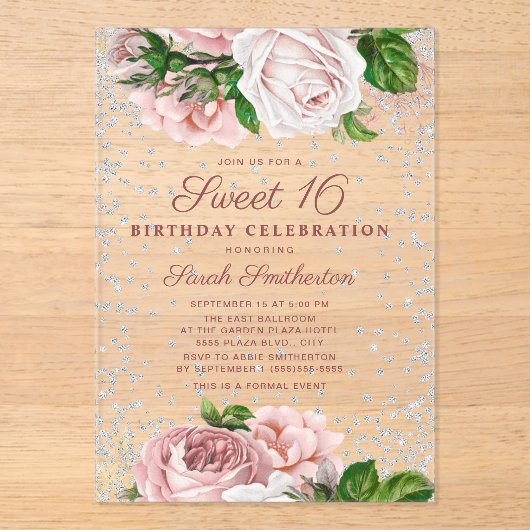 Invitations En Acrylique Roses rose Floral Parties scintillant argent doux (Recto)