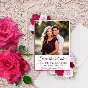 Invitations En Acrylique Roses rose magenta & Mariage photo Enregistrer la 