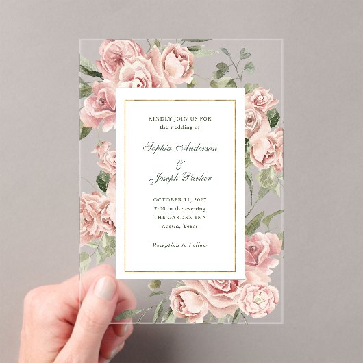 Invitations En Acrylique Roses roses romantiques et or | Mariage (In situ (ordinateur de poche))