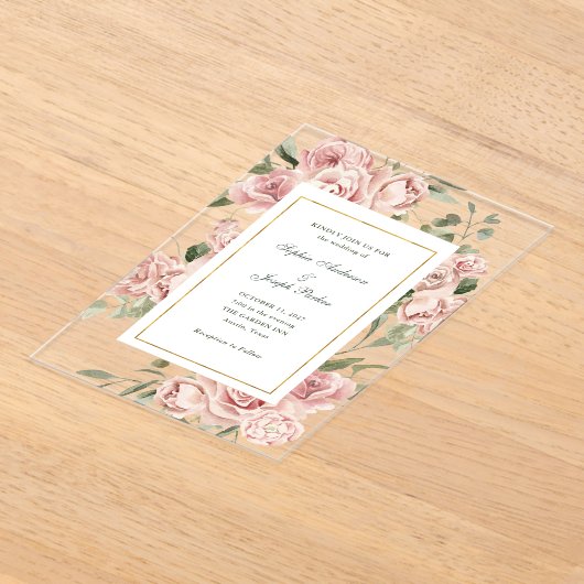 Invitations En Acrylique Roses roses romantiques et or | Mariage (Poser)