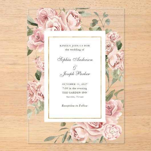 Invitations En Acrylique Roses roses romantiques et or | Mariage (Recto)