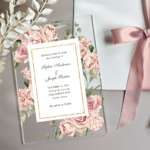 Invitations En Acrylique Roses roses romantiques et or   Mariage
