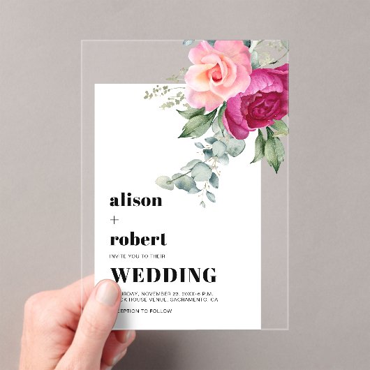 Invitations En Acrylique Roses roses roses et mariage à cadre blanc eucalyp (In situ (ordinateur de poche))