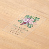 Invitations En Acrylique Roses roses tropicales Monstera Mariage Enregistre (Poser)