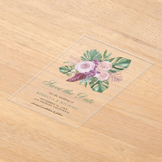 Invitations En Acrylique Roses roses tropicales Monstera Mariage Enregistre (Poser)
