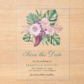 Invitations En Acrylique Roses roses tropicales Monstera Mariage Enregistre (Recto)