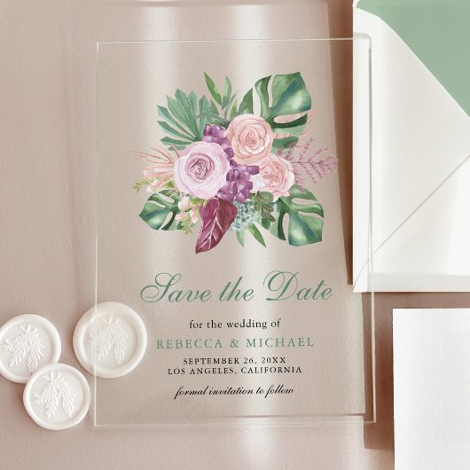 Invitations En Acrylique Roses roses tropicales Monstera Mariage Enregistre
