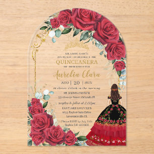 Invitations En Acrylique Roses rouges Floral Noir Charro Quinceañera Arc