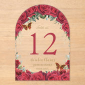 Invitations En Acrylique Roses rouges Floral or Quinceañera 16 Numéro de ta (Recto)