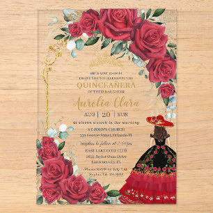 Invitations En Acrylique Roses Rouges Floral Robe Charro Noire Quinceañera 