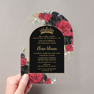 Invitations En Acrylique Roses Rouges Noires Fleurs Quinceanera Douce 16 Ar