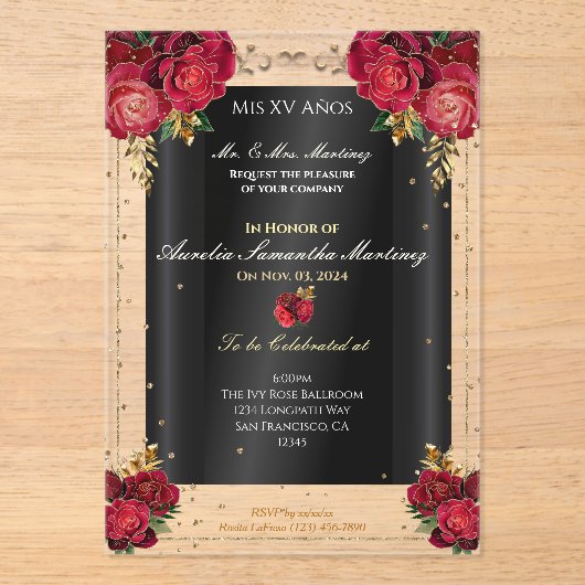 Invitations En Acrylique Roses rouges, or & Quinceañera noire (Recto)