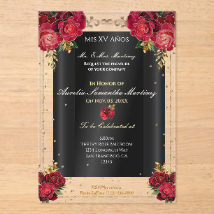 Invitations En Acrylique Roses rouges, or & Quinceañera noire
