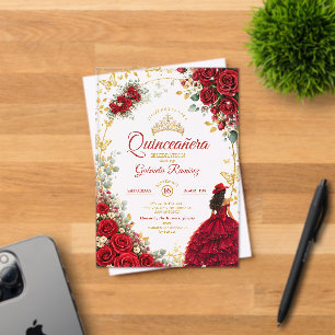 Invitations En Acrylique Roses Rouges Papillons Dorés Quinceañera