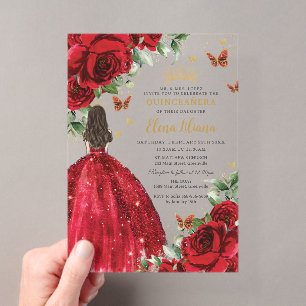 Invitations En Acrylique Roses Rouges Papillons Floraux Quinceañera Douze A