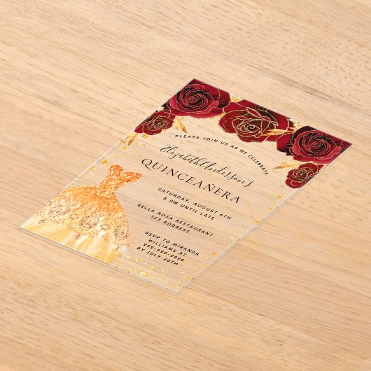 Invitations En Acrylique Roses rouges Quinceanera robe or parties scintilla (Poser)