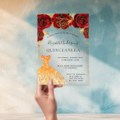 Invitations En Acrylique Roses rouges Quinceanera robe or parties scintilla