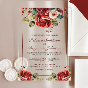 Invitations En Acrylique Roses rouges romantiques Fleurs de mariage