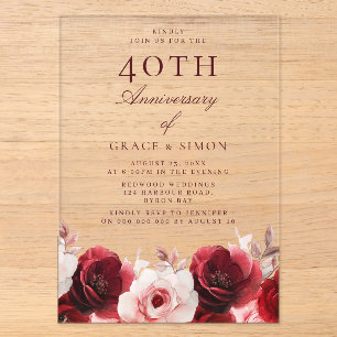 Invitations En Acrylique Roses rouges rubis 40e anniversaire de mariage
