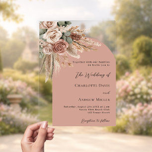 Invitations En Acrylique Roses taupe beige pampas arche clair mariage