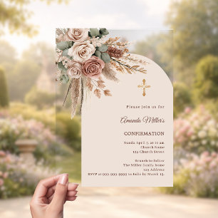 Invitations En Acrylique Roses taupe ivoire blush arche de pampa Confirmati