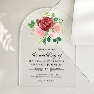 Invitations En Acrylique Rouge à joues Rose Bourgogne Floral Mariage
