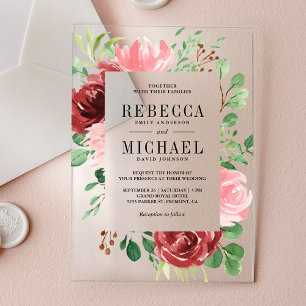 Invitations En Acrylique Rouge à joues Rose Bourgogne Floral Mariage