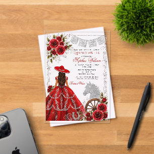 Invitations En Acrylique Rouge Argent Western Cheval Floral Charra Quinceañ