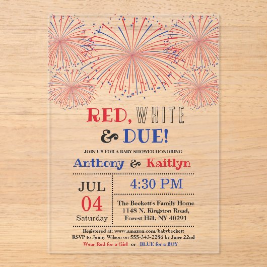 Invitations En Acrylique Rouge, Blanc & Due ! baby shower 4 juillet (Recto)