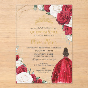 Invitations En Acrylique Rouge Blanc Floral Princesse Robe Or Quinceañera
