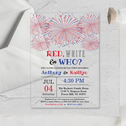 Invitations En Acrylique Rouge, Blanc & Qui ? 4 juillet Parti de la révélat