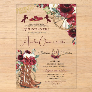 Invitations En Acrylique Rouge Bourgogne Floral Charro Quinceanera Occident