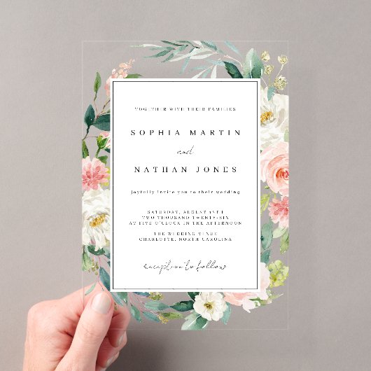 Invitations En Acrylique Rouge Floral Feuille Vert Moderne Clair Mariage (In situ (ordinateur de poche))