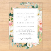 Invitations En Acrylique Rouge Floral Feuille Vert Moderne Clair Mariage (Recto)