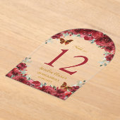 Invitations En Acrylique Rouge Floral Or Quinceañera XV 16 Numéro de tablea (Poser)