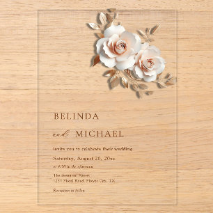 Invitations En Acrylique Rouge Or Rose 3D Fleurs Simple