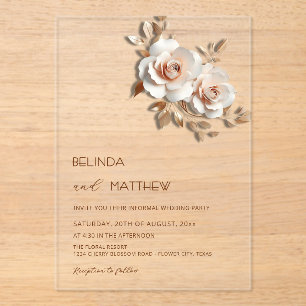 Invitations En Acrylique Rouge Or Rose 3D Fleurs Simple