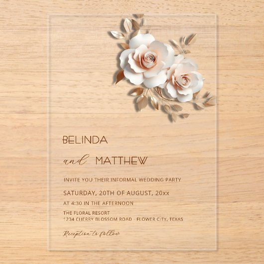 Invitations En Acrylique Rouge Or Rose 3D Fleurs Simple (Recto)