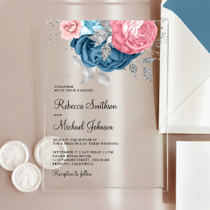 Invitations En Acrylique Rouge Pâle Bleu Poussiéreux Mariage Floral